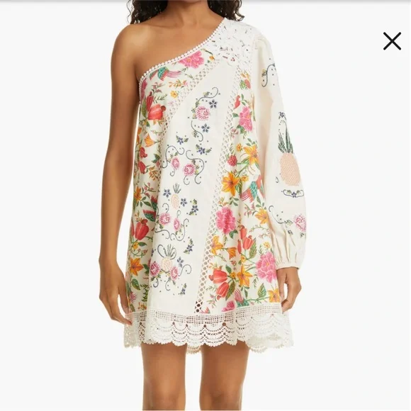 NWT Farm Rio Toucan's Garden Floral Embroidery One-Shoulder Linen Blend Dress - Picture 10 of 14